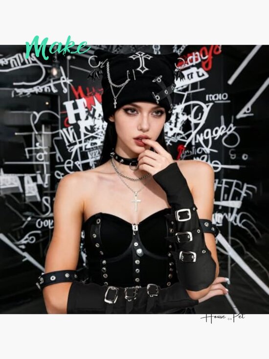Goth Knitted Beanie with Cat Ears, Fingerless Gloves, and Necklaces Set